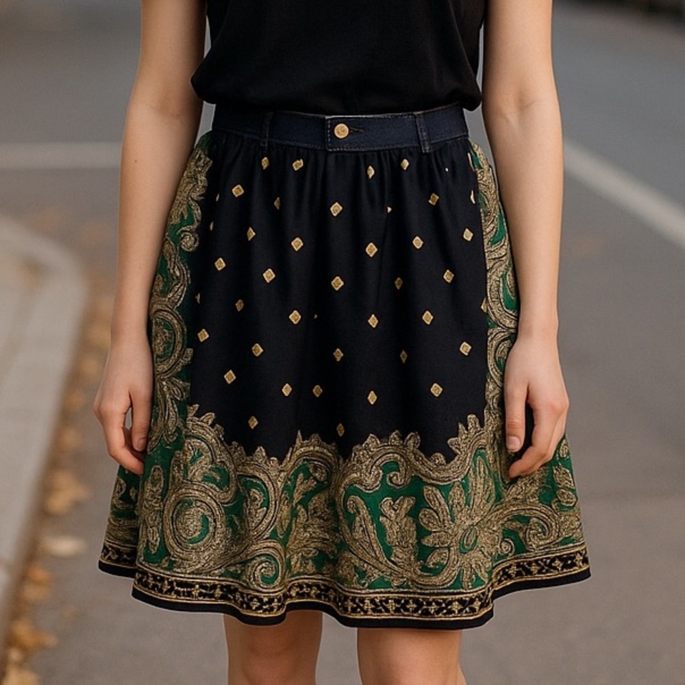 Michael Kohrs Sz 2 Silk Jetsetter Denim Waist Band Chain Link Paisley Skirt